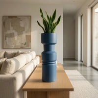 Sculptural Totem Vase, Stacked Geometric Accents, Blue Ceramic 16 Inch-BM353451