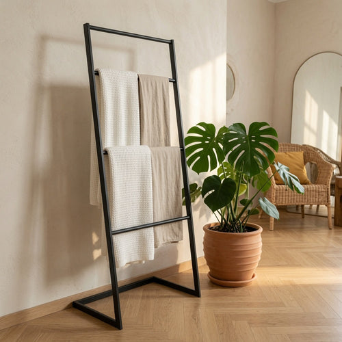 Freestanding Towel Quilt Rack, 4 Rungs, Built-in Base, Black Metal 39 Inch-BM353452