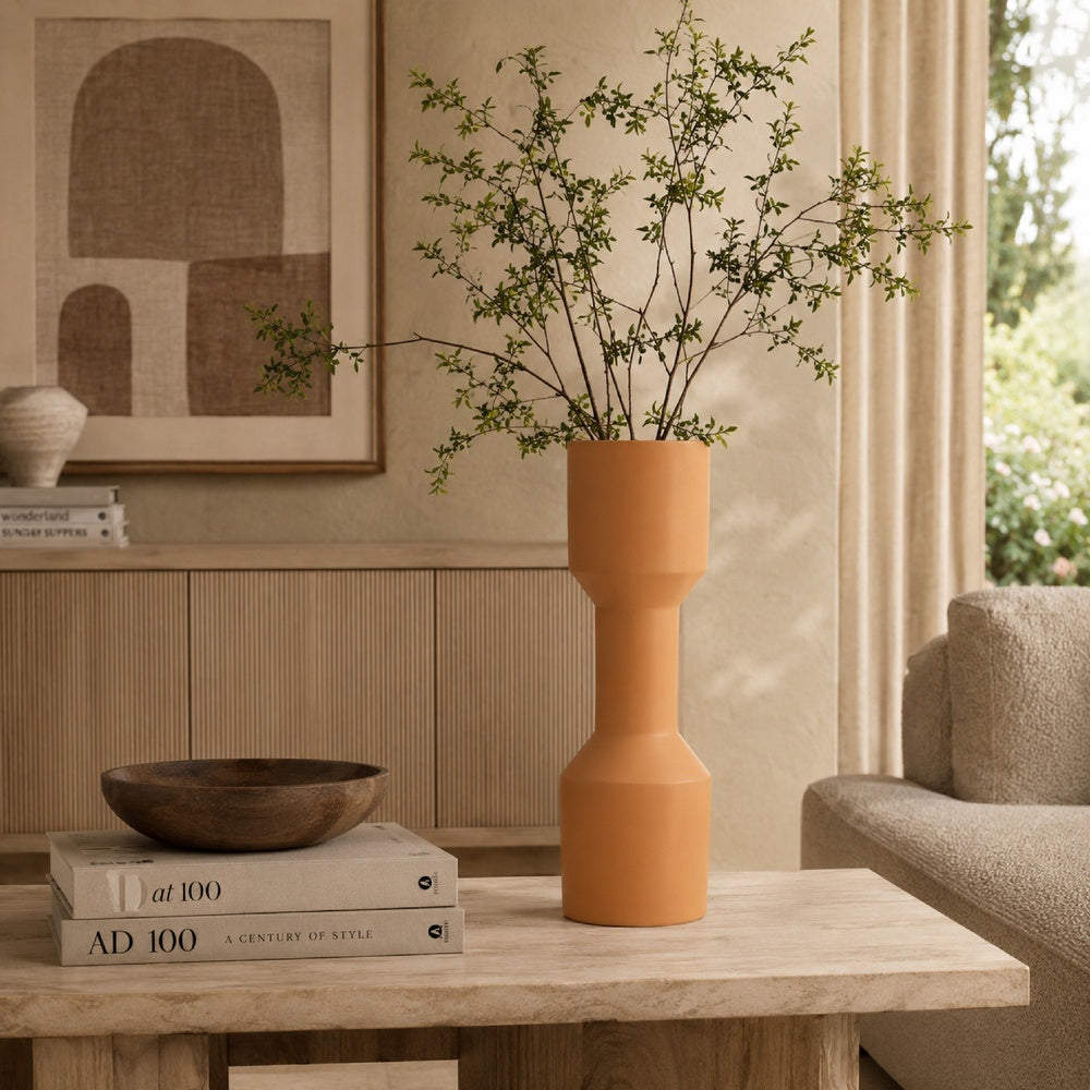 Decorative Vase, Geometric Hourglass Shape, Matte Orange Ceramic 16 Inch-BM353454