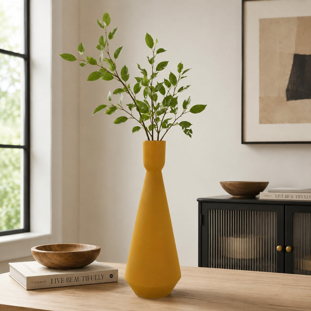 Decorative Vase, Flared Rim, Angular Edges, Mustard Yellow Ceramic 15 Inch-BM353455