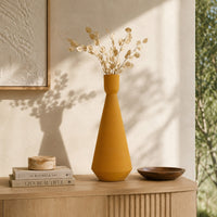 Decorative Vase, Flared Rim, Angular Edges, Mustard Yellow Ceramic 15 Inch-BM353455