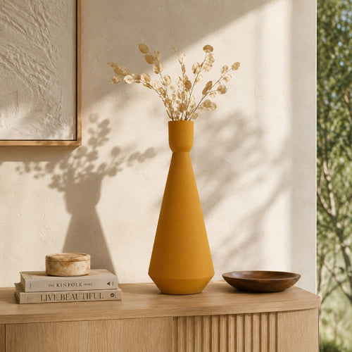 Decorative Vase, Flared Rim, Angular Edges, Mustard Yellow Ceramic 15 Inch-BM353455