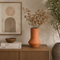Decorative Vase, Faceted Body, Angular Base, Orange Brown Ceramic 11 Inch-BM353456