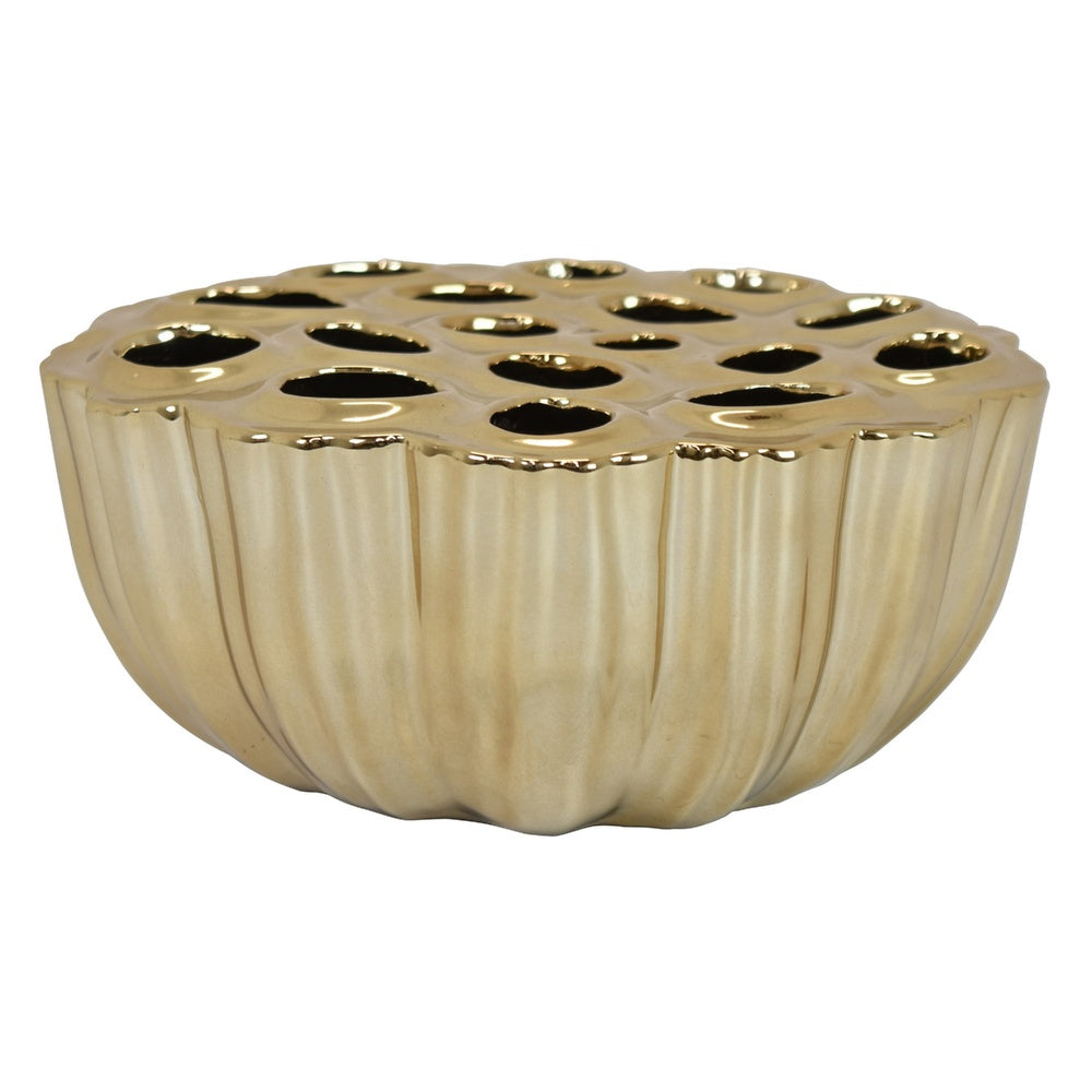 Decorative Vase, Scalloped Lotus Pod Design, Glazed Gold Ceramic 9 Inch-BM353457