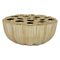 Decorative Vase, Scalloped Lotus Pod Design, Glazed Gold Ceramic 9 Inch-BM353457