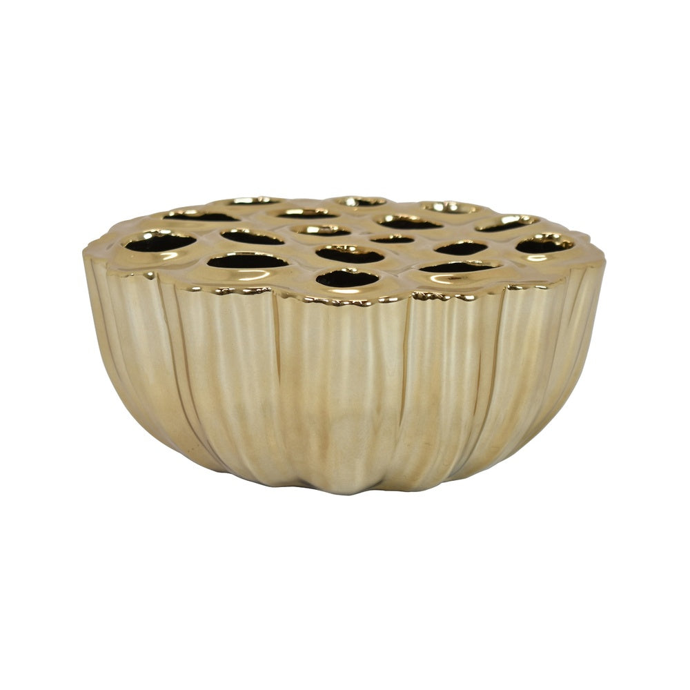 Decorative Vase, Scalloped Lotus Pod Design, Glazed Gold Ceramic 9 Inch-BM353457