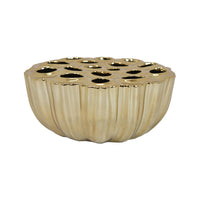 Decorative Vase, Scalloped Lotus Pod Design, Glazed Gold Ceramic 9 Inch-BM353457