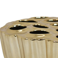 Decorative Vase, Scalloped Lotus Pod Design, Glazed Gold Ceramic 9 Inch-BM353457
