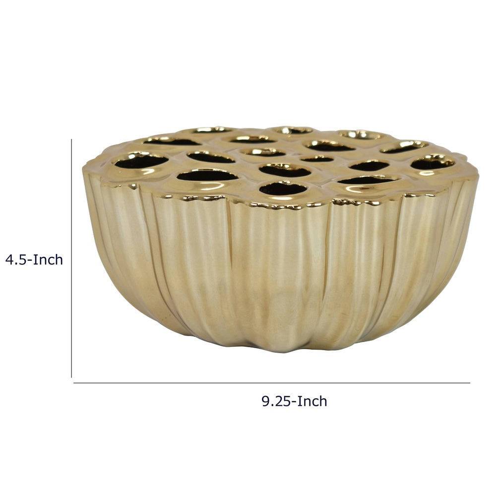 Decorative Vase, Scalloped Lotus Pod Design, Glazed Gold Ceramic 9 Inch-BM353457