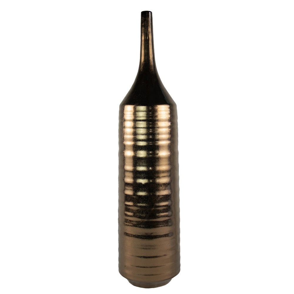 Decorative Vase, Bottle Shape, Horizontal Ridges, Deep Gold Ceramic 28 Inch-BM353458