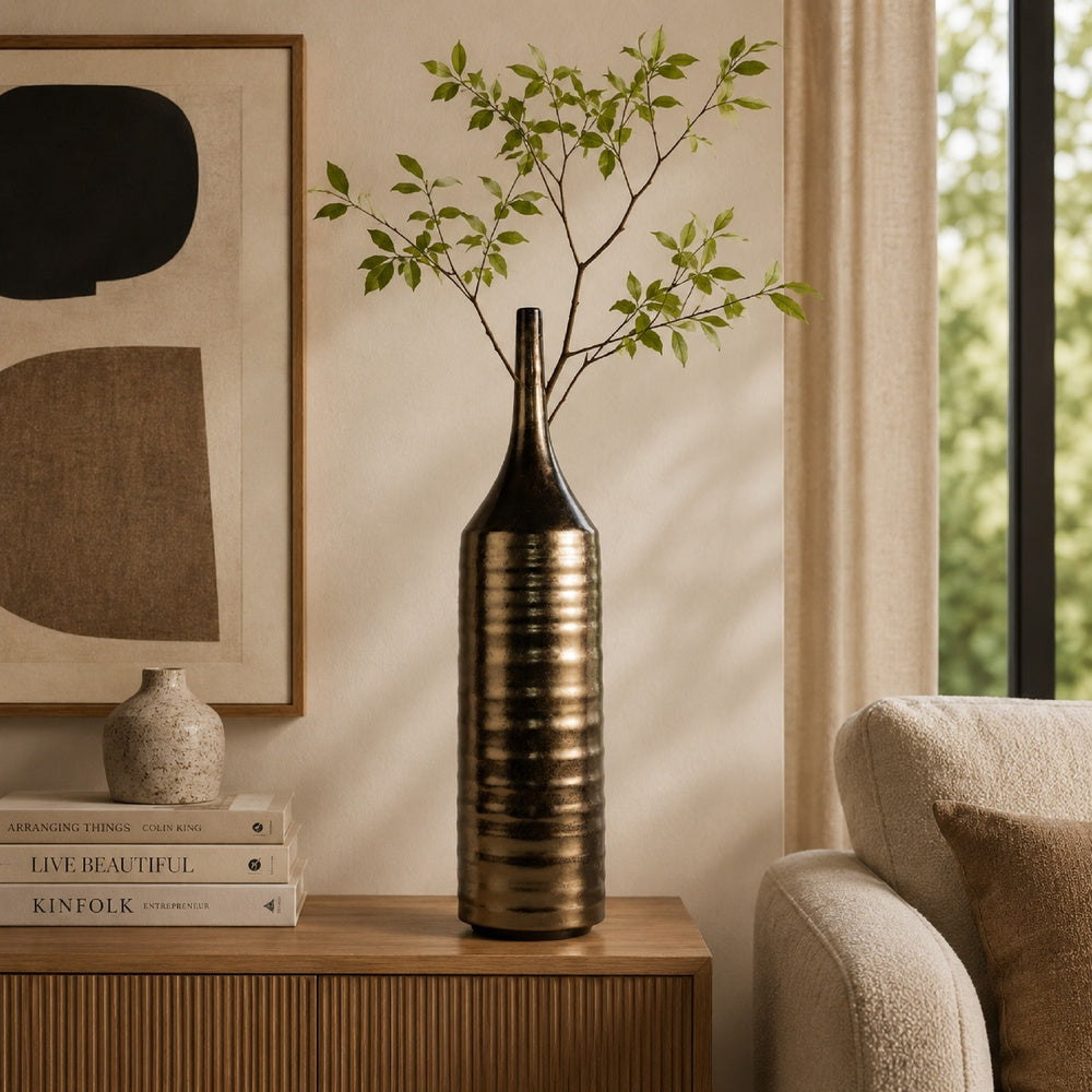 Decorative Vase, Bottle Shape, Horizontal Ridges, Deep Gold Ceramic 28 Inch-BM353458