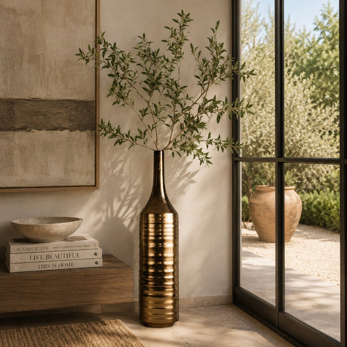 Decorative Vase, Bottle Shape, Horizontal Ridges, Deep Gold Ceramic 28 Inch-BM353458