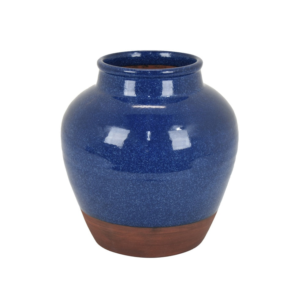 Ginger Jar Vase, Speckled and Glazed Top, Blue and Brown Ceramic 10 Inch-BM353459