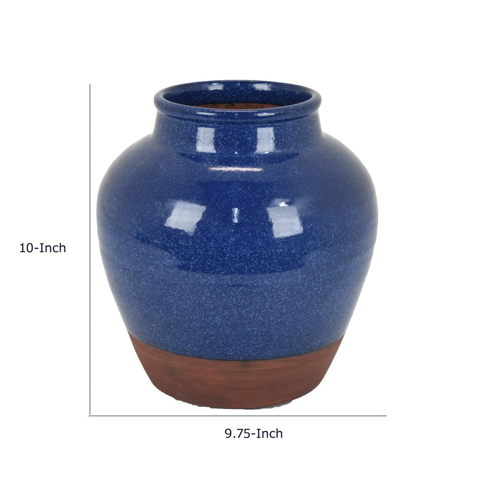 Ginger Jar Vase, Speckled and Glazed Top, Blue and Brown Ceramic 10 Inch-BM353459