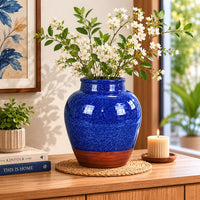 Ginger Jar Vase, Speckled and Glazed Top, Blue and Brown Ceramic 10 Inch-BM353459