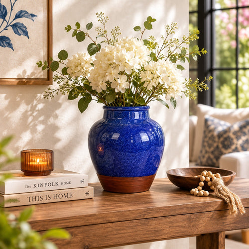 Ginger Jar Vase, Speckled and Glazed Top, Blue and Brown Ceramic 10 Inch-BM353459