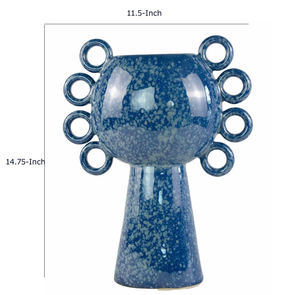 Orin Decorative Vase, 8 Loop Handles, Blue White Speckled Ceramic 15 Inch-BM353460