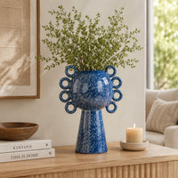 Orin Decorative Vase, 8 Loop Handles, Blue White Speckled Ceramic 15 Inch-BM353460