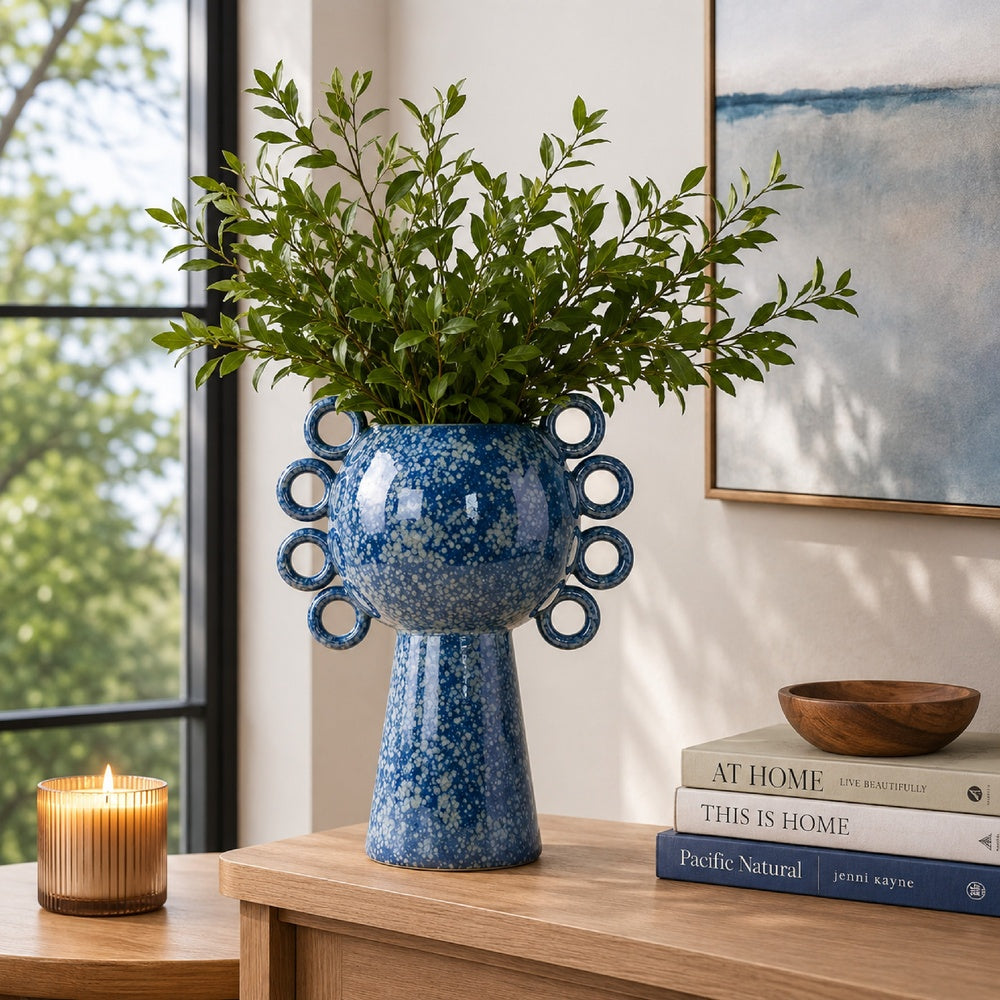 Orin Decorative Vase, 8 Loop Handles, Blue White Speckled Ceramic 15 Inch-BM353460