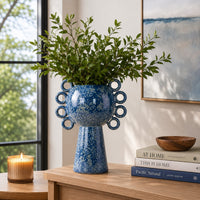 Orin Decorative Vase, 8 Loop Handles, Blue White Speckled Ceramic 15 Inch-BM353460