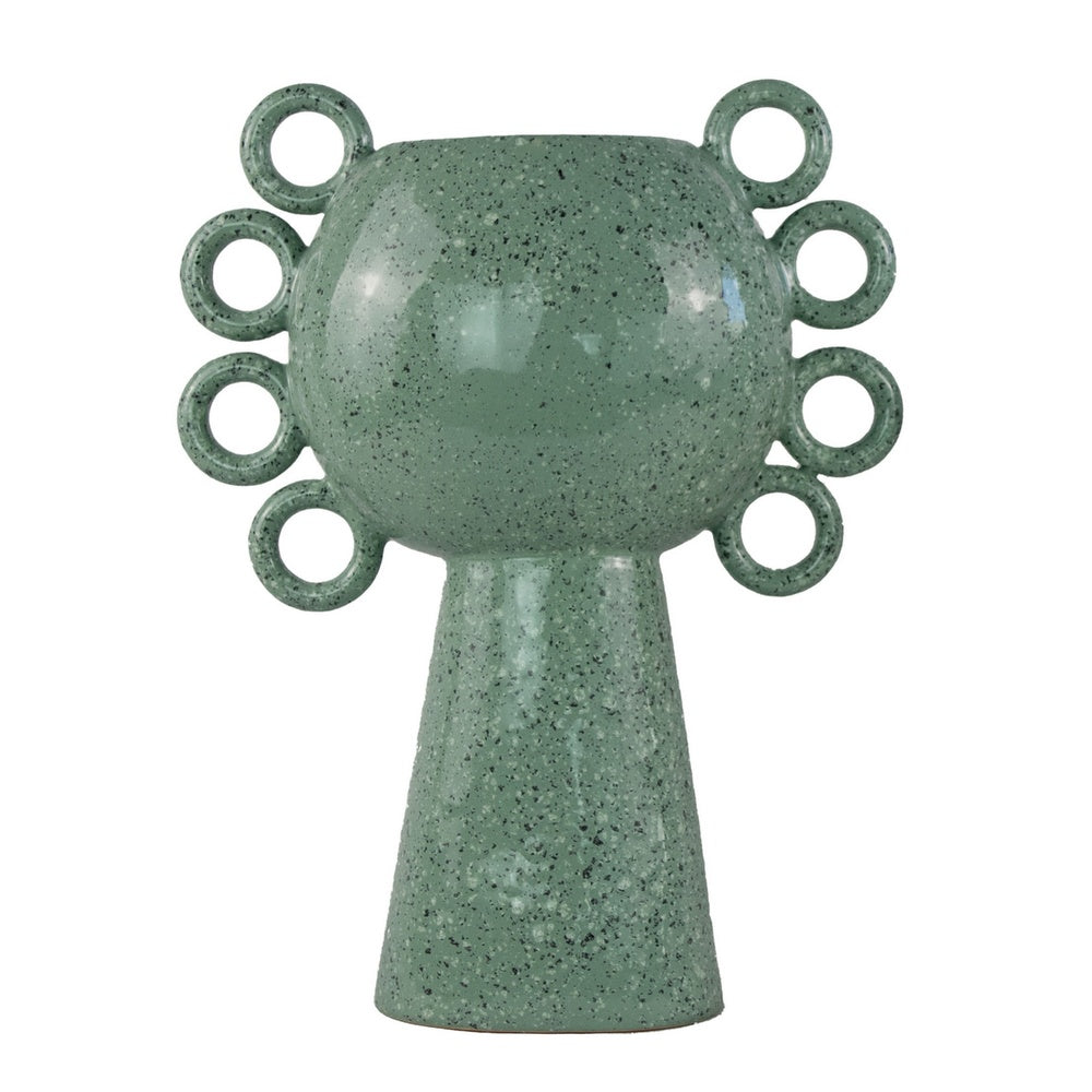 Orin Decorative Vase, 8 Loop Handles,  Green White Speckled Ceramic 15 Inch-BM353461