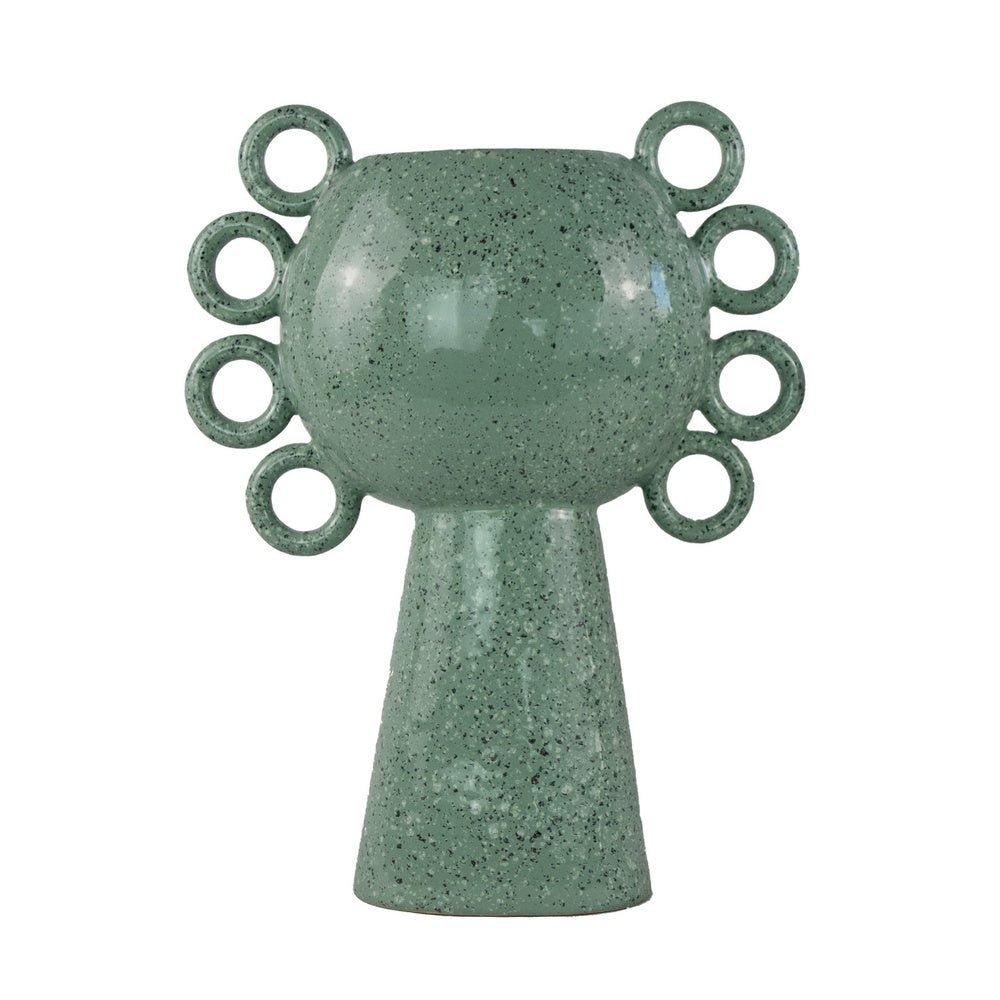 Orin Decorative Vase, 8 Loop Handles,  Green White Speckled Ceramic 15 Inch-BM353461