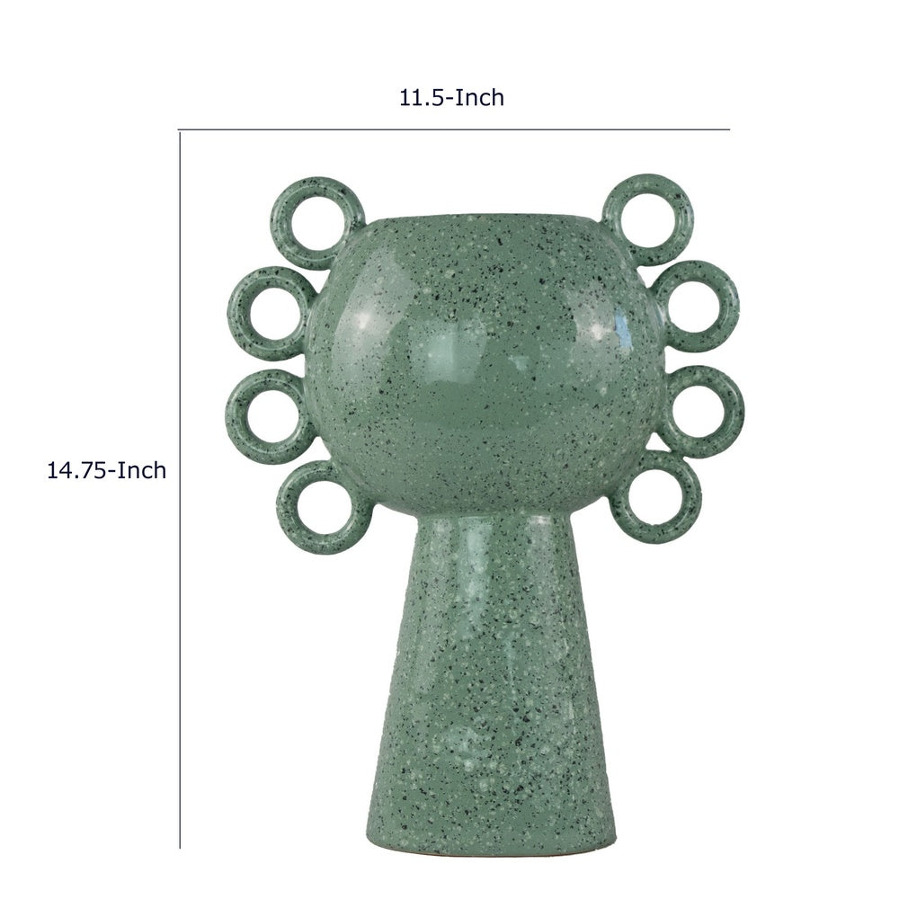 Orin Decorative Vase, 8 Loop Handles,  Green White Speckled Ceramic 15 Inch-BM353461