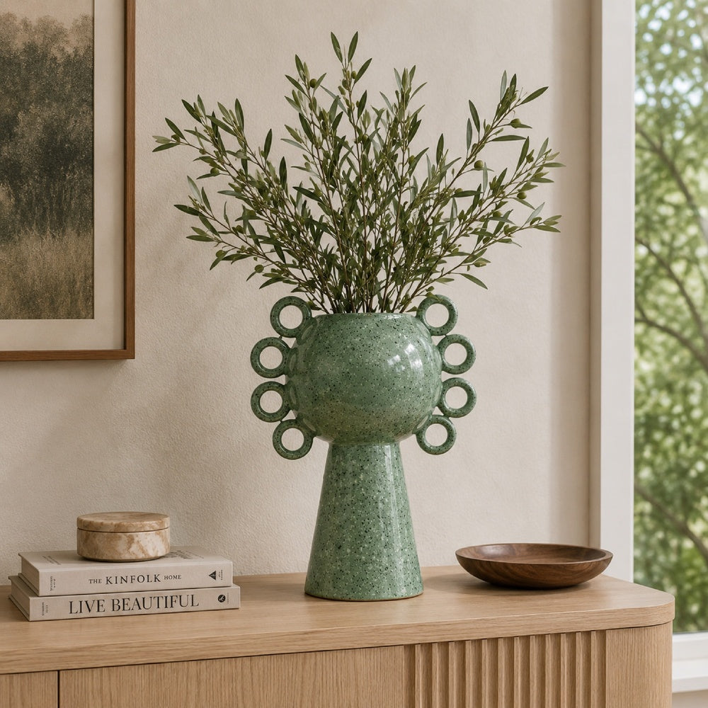 Orin Decorative Vase, 8 Loop Handles,  Green White Speckled Ceramic 15 Inch-BM353461