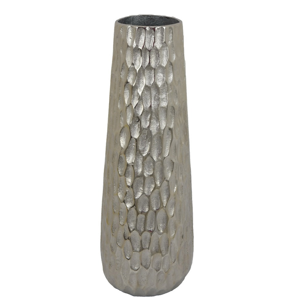 Marvin Tapered Decorative Vase with Textured Details, Silver Aluminum 19 Inch-BM353462
