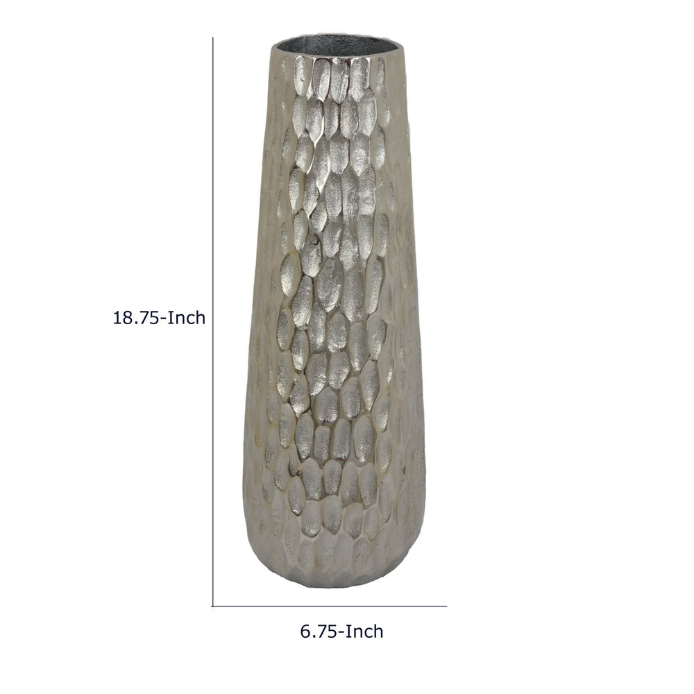 Marvin Tapered Decorative Vase with Textured Details, Silver Aluminum 19 Inch-BM353462