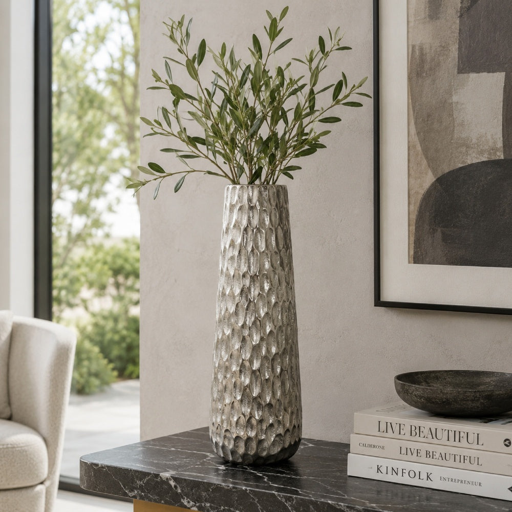 Marvin Tapered Decorative Vase with Textured Details, Silver Aluminum 19 Inch-BM353462