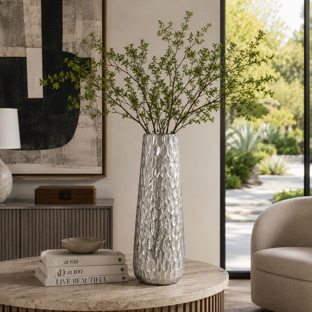 Marvin Tapered Decorative Vase with Textured Details, Silver Aluminum 19 Inch-BM353462