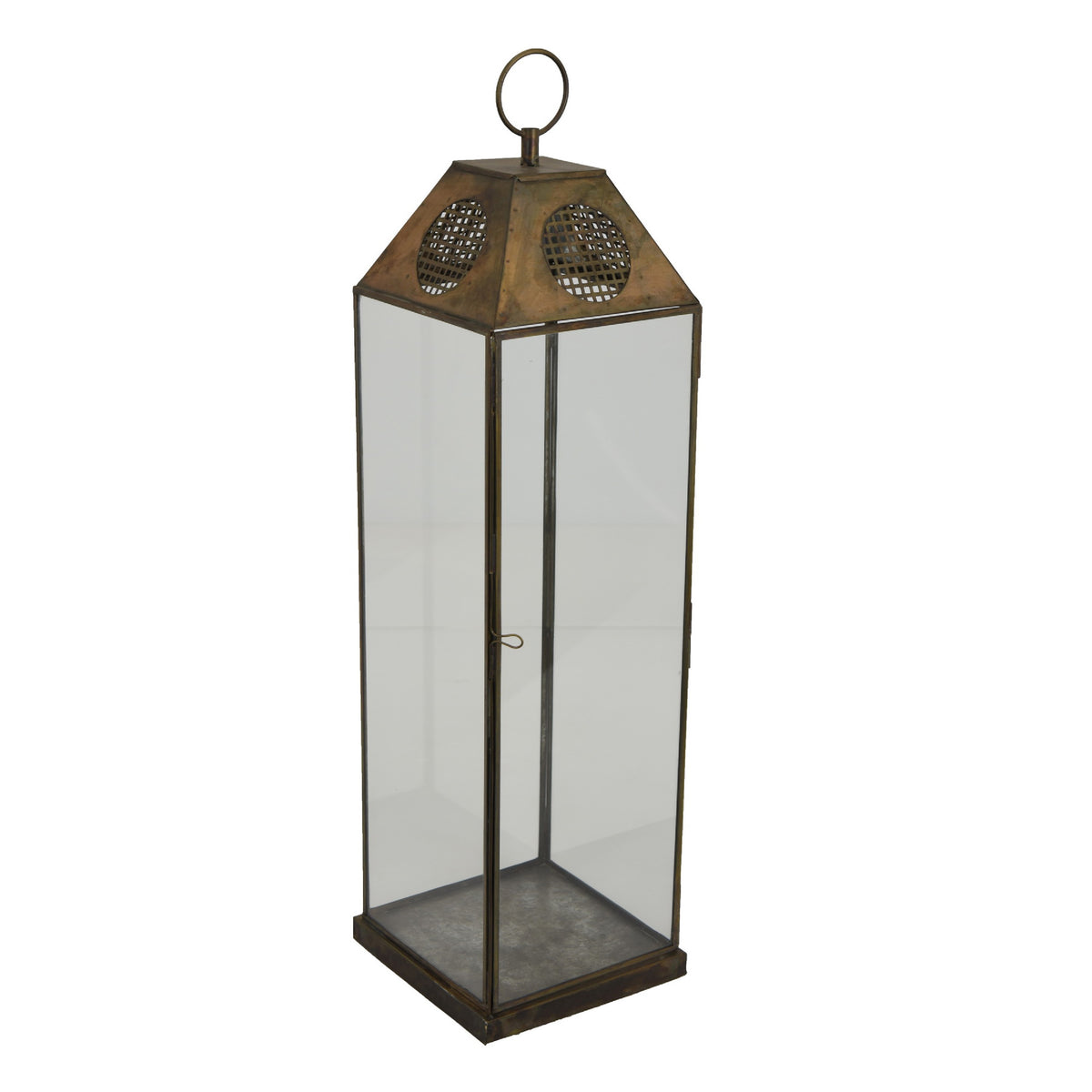 Greg Glass Lantern with Vented Top, Ring Handle, Bronze Metal 28 Inch  - BM353463