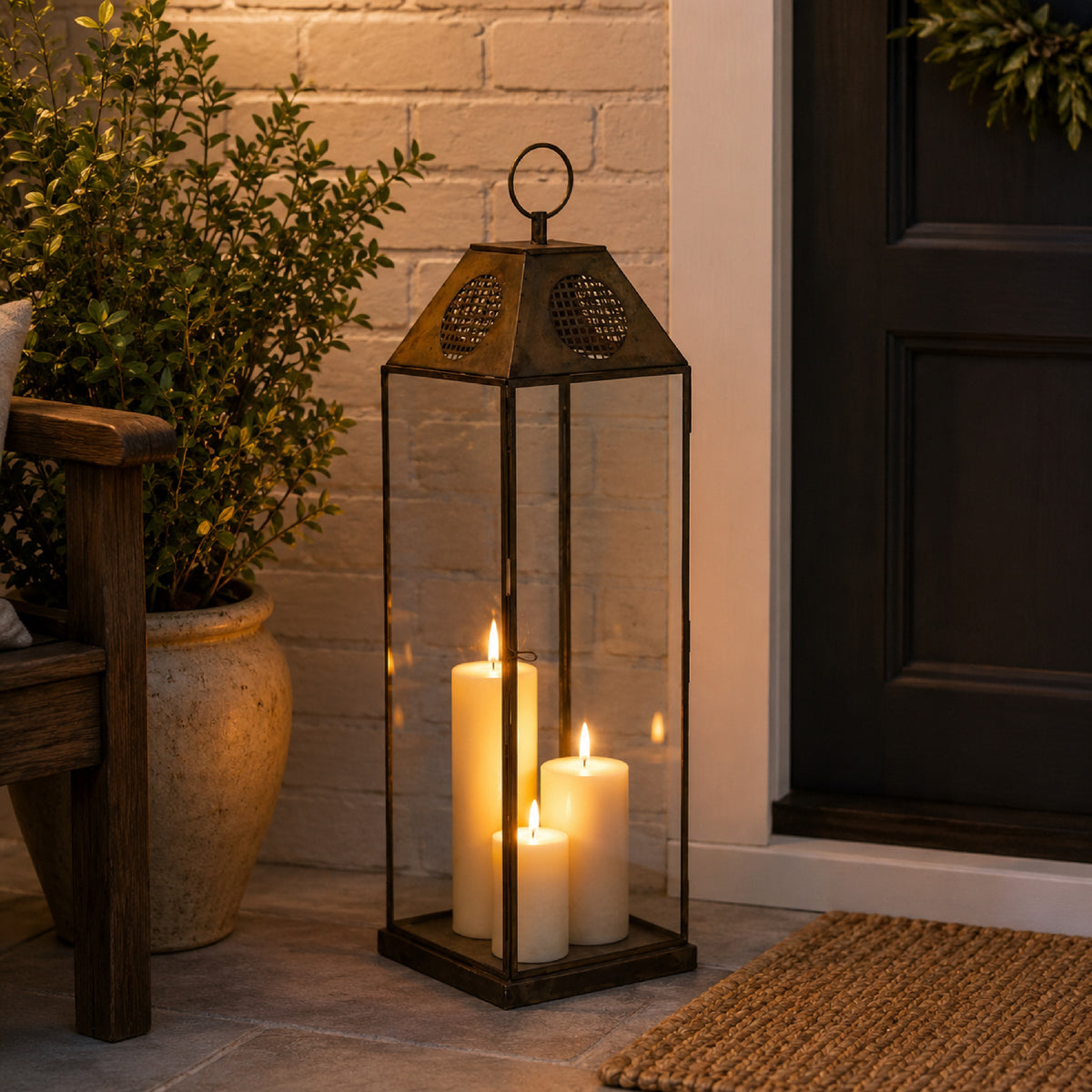 Greg Glass Lantern with Vented Top, Ring Handle, Bronze Metal 28 Inch  - BM353463