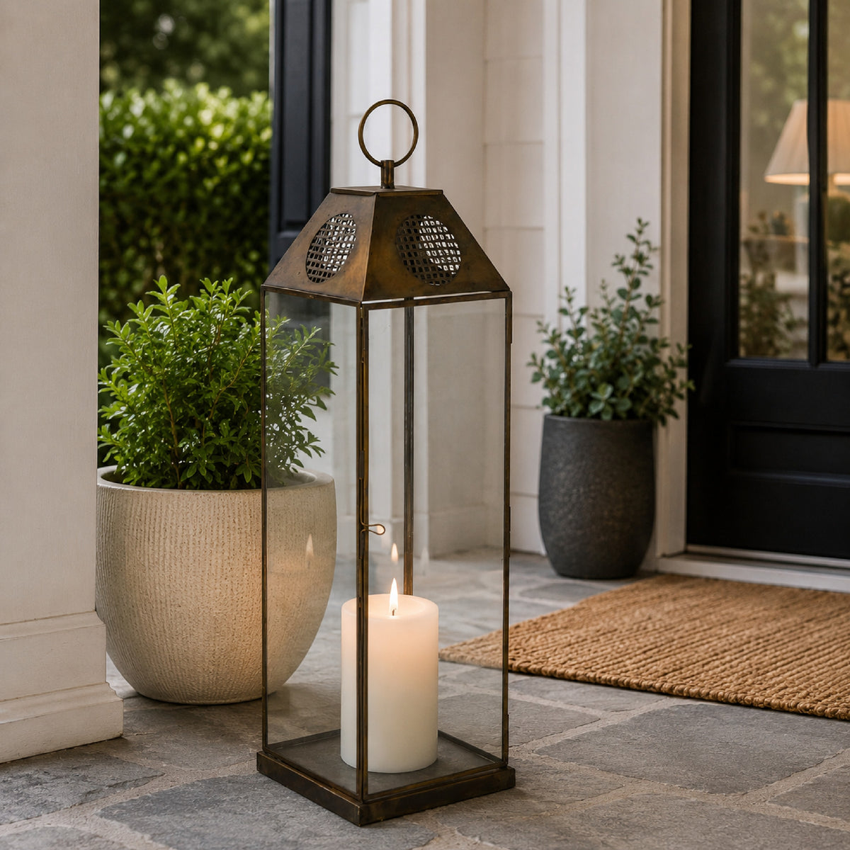 Greg Glass Lantern with Vented Top, Ring Handle, Bronze Metal 28 Inch  - BM353463