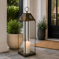 Greg Glass Lantern with Vented Top, Ring Handle, Bronze Metal 28 Inch  - BM353463