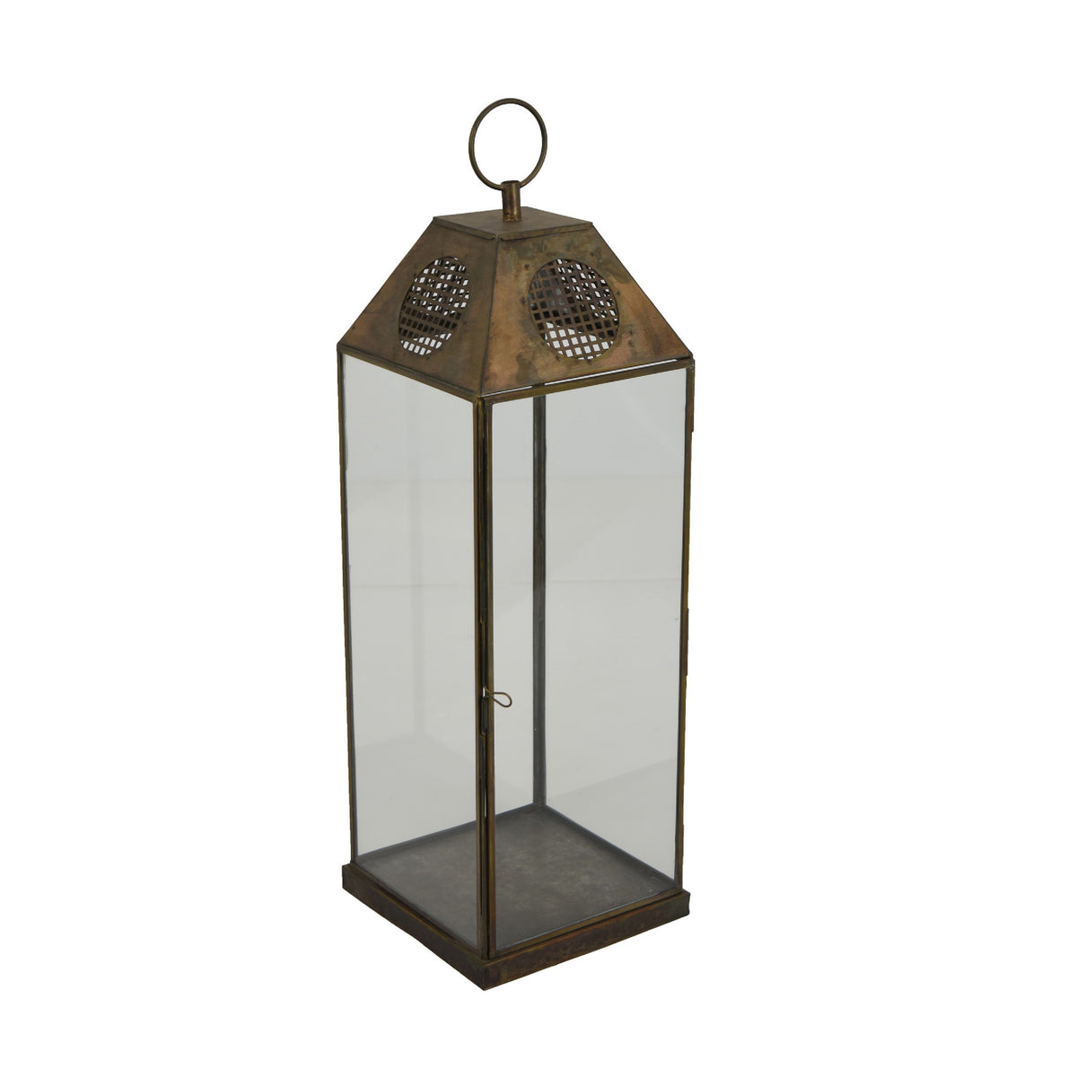 Greg Glass Lantern with Vented Top, Ring Handle, Bronze Metal 24 Inch  - BM353464