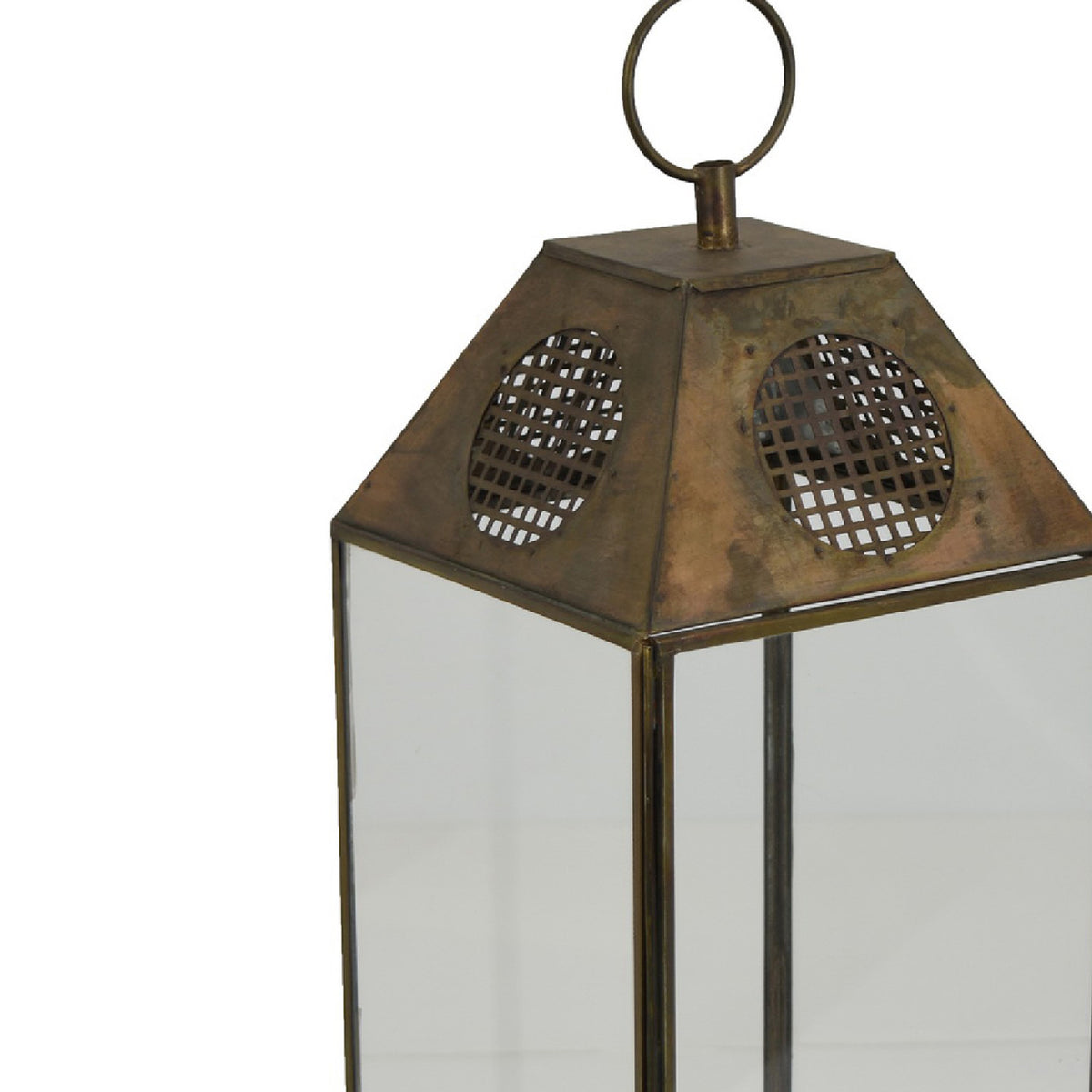 Greg Glass Lantern with Vented Top, Ring Handle, Bronze Metal 24 Inch  - BM353464