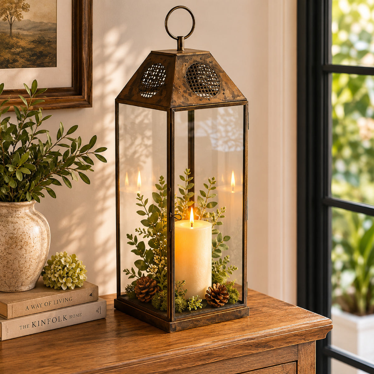 Greg Glass Lantern with Vented Top, Ring Handle, Bronze Metal 24 Inch  - BM353464