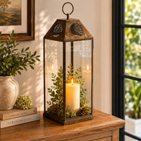 Greg Glass Lantern with Vented Top, Ring Handle, Bronze Metal 24 Inch  - BM353464