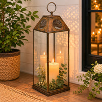 Greg Glass Lantern with Vented Top, Ring Handle, Bronze Metal 24 Inch  - BM353464