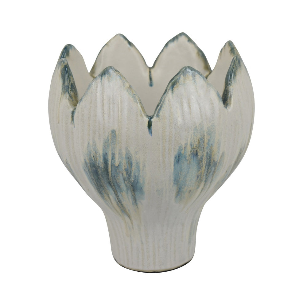 Siena Decorative Planter with Petal Edge Design, White-Green Ceramic 10 Inch-BM353466