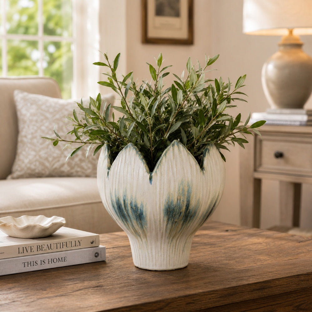 Siena Decorative Planter with Petal Edge Design, White-Green Ceramic 10 Inch-BM353466