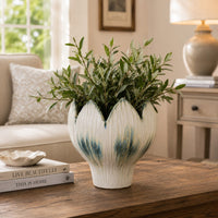 Siena Decorative Planter with Petal Edge Design, White-Green Ceramic 10 Inch-BM353466