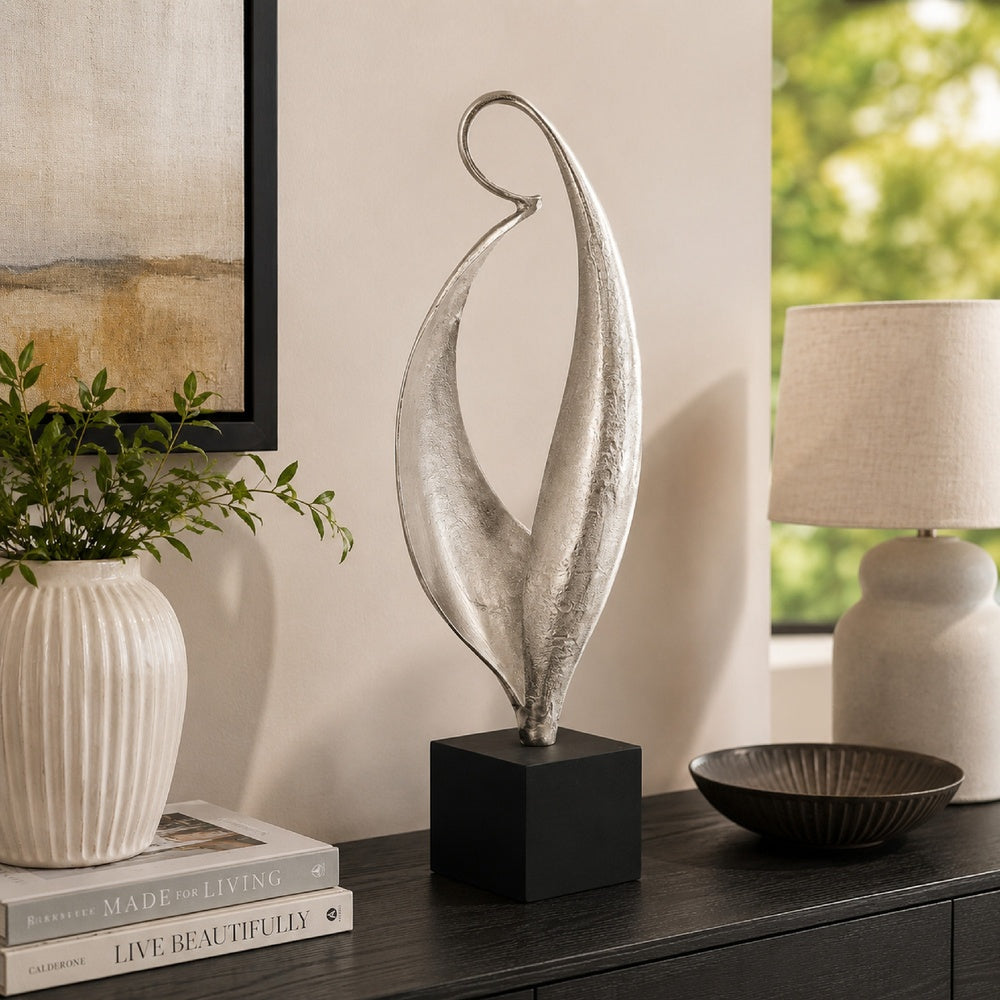 Dora Decorative Abstract Sculpture, Black Base, Silver Metal 24 Inch-BM353467