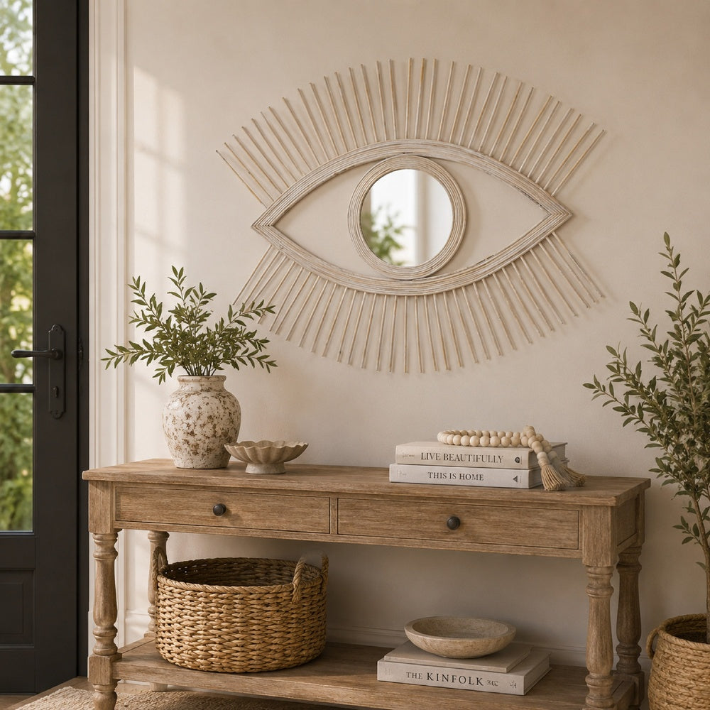 Ruhy Decorative Wall-Mounted Mirror with Eye-Shape Design, White Wood-BM353468
