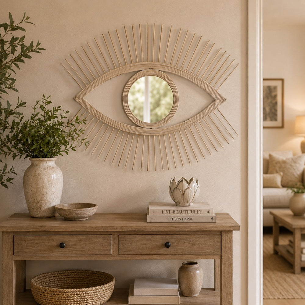 Ruhy Decorative Wall-Mounted Mirror with Eye-Shape Design, White Wood-BM353468
