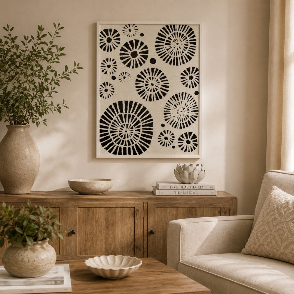 Wren Wall Art with Abstract Patterns, White Frame, Natural Fiber 32 Inch-BM353469