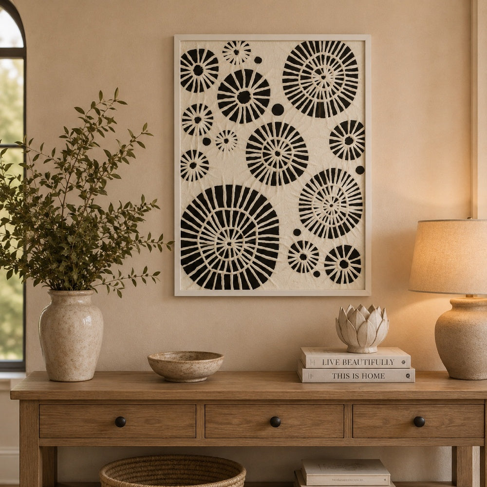 Wren Wall Art with Abstract Patterns, White Frame, Natural Fiber 32 Inch-BM353469