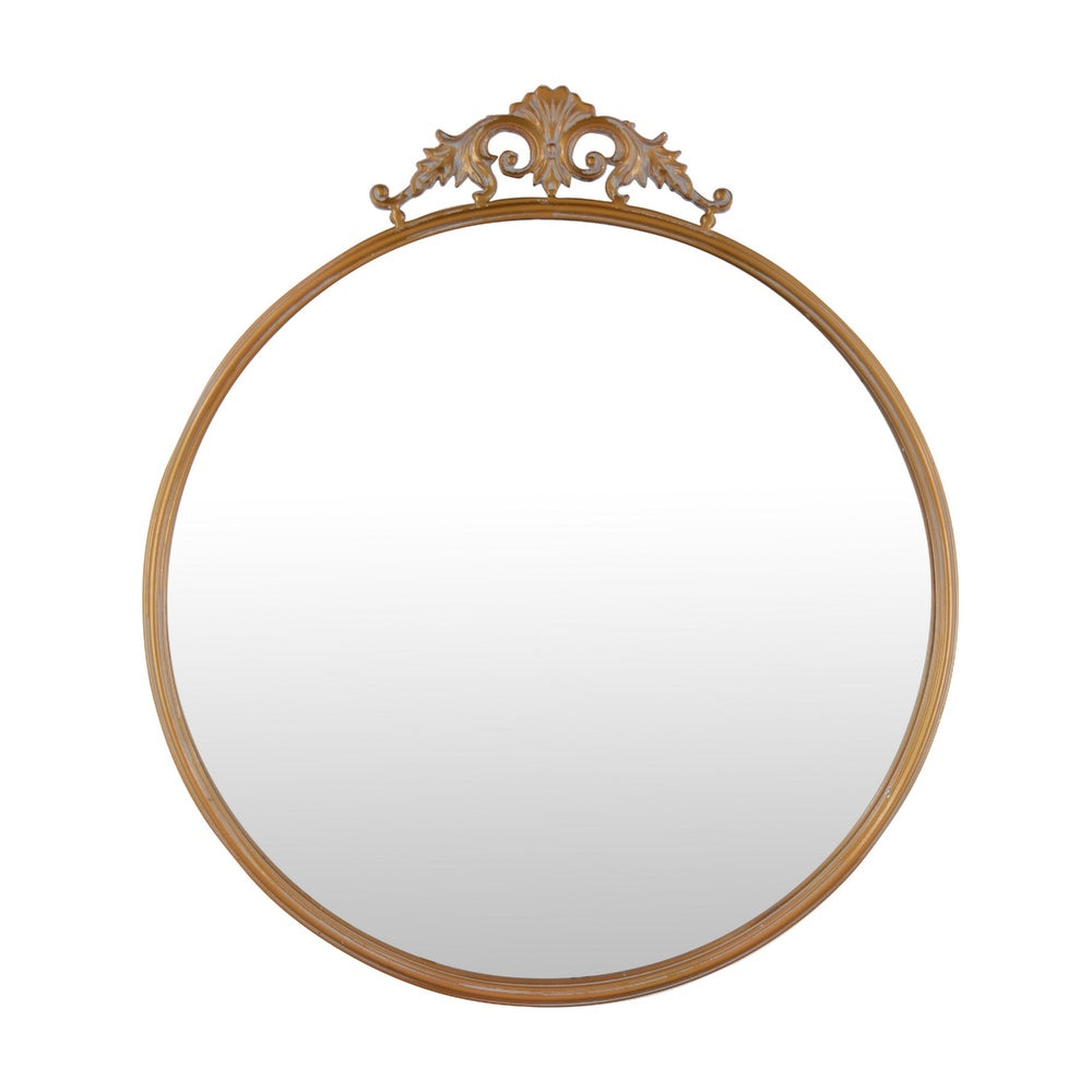 Drek Traditional Round Wall Mirror with Ornate Crest Top, Gold Metal 24x27-BM353470